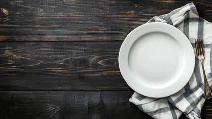Empty White Plate on Wood Table