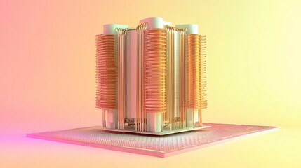 Naklejka premium Futuristic quantum computer with glowing coils in a soft pastel setting