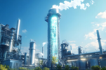 Naklejka premium Industrial chimney with futuristic carbon capture technology.