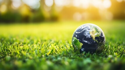 Idyllic Earth Globe Nestled in Lush Green Grass Field Under Warm Sunlight