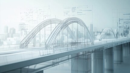 Fototapeta premium Architectural vision of a 3D model bridge project, with detailed blueprints and structural elements, showcasing modern engineering