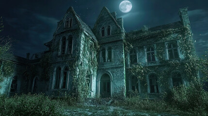 Obraz premium Abandoned Asylum at Night, A crumbling old asylum with broken windows and overgrown vines crawling up its walls, Halloween day concept