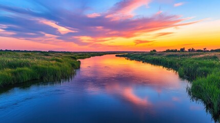A serene river delta at sunset, with the water reflecting the vibrant colors of the sky as the day turns to night.