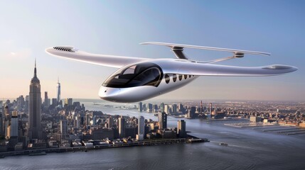 Fototapeta premium Sleek electric air taxi hovering above futuristic city skyline, smooth aerodynamic design, golden hour sunlight, modern transportation concept.