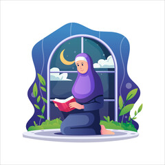 Woman Reading Quran - Ramadan Illustration with Modern Look and Style
