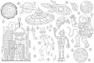 Fototapeta premium Hand drawn illustration with doodle set of retro future space planets and ships, rocket, spaceman, alien, robot and objects, line art science fiction concept