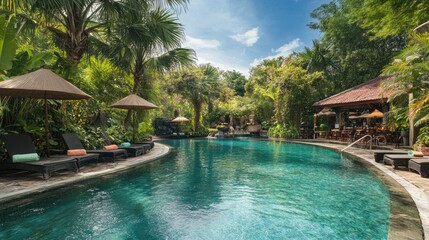 Lush Tropical Resort Pool Surrounded by Greenery