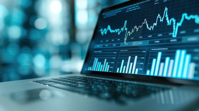 A sleek laptop displays digital graphs on a dark background, embodying the essence of data analysis and fintech innovation.
