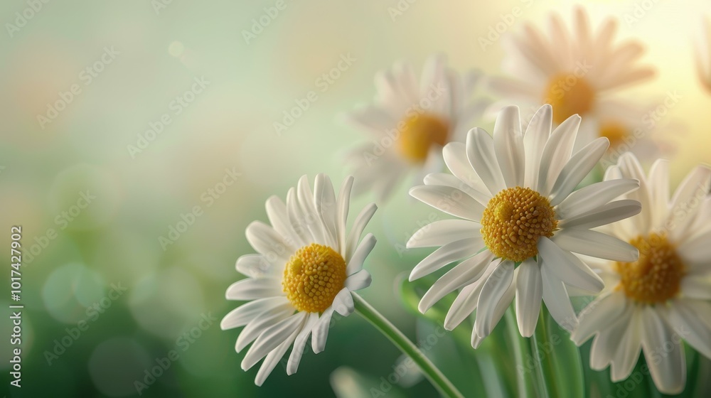 Poster Discover a serene chamomile field, vibrant blooms basking in the sun, creating a perfect summer flower backdrop.