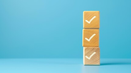 A wooden block with a check mark symbolizes quality assurance and project approval for business success.