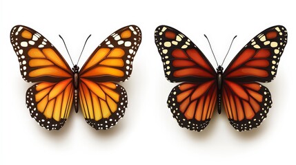 Fototapeta premium Two beautiful monarch butterflies side by side on a white background