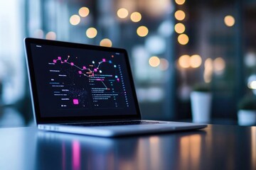 A modern laptop displaying advanced data analytics on a stylish desk in a vibrant, illuminated workspace.