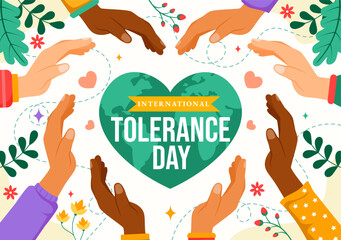 Fototapeta premium International Day of Tolerance Vector Illustration Featuring Diverse Skin Tone Hands Joined Together for Human Solidarity in a Flat Background