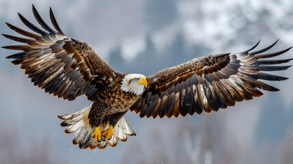 Obraz premium Large eagle is flying through the sky with its wings spread wide