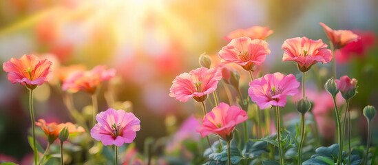 Obraz premium Pink and orange flowers blooming in a field with a blurry background of sunlight.