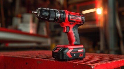 Close-up of a modern cordless drill, placed on a red industrial metal surface, showcasing its sleek design and power tool capabilities