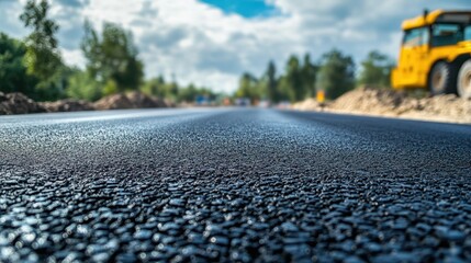 Close-up of a new asphalt road, clean and even, with clear markings, representing infrastructure and modern road construction