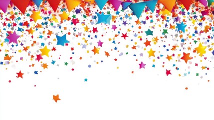 Colorful celebration backdrop with stars and confetti on white background