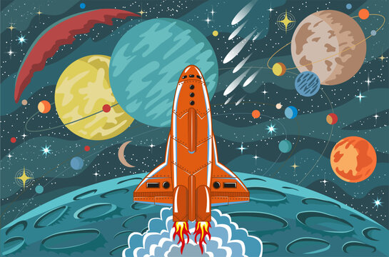 Hand drawn colorful illustration with retro future space rocket, spacecraft, planets, stars and objects, science fiction background