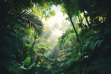 Naklejka premium lush green tropical jungle sunlight rays - watercolor painting