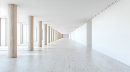 White Empty Hall Interior with Wooden Columns and Sunlight from the Window