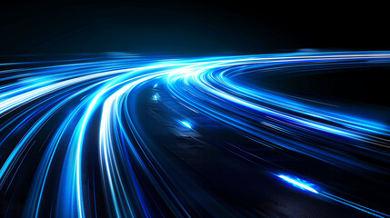 Bright blue light trails curve dynamically against a dark background, creating a sense of speed and motion. 