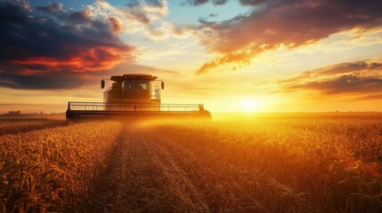 Combine harvester harvesting soybeans in the fall season, against a beautiful sunset sky, showcasing the farm in full operation