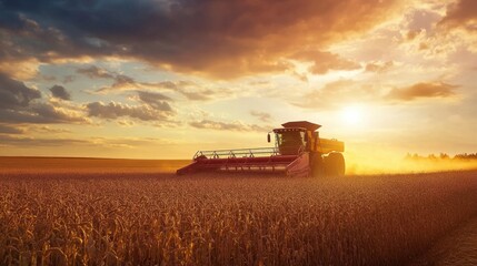 Combine harvester harvesting soybeans in the fall season, against a beautiful sunset sky, showcasing the farm in full operation