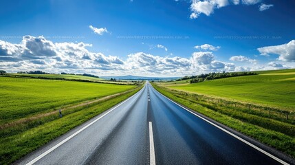 Fototapeta premium Scenic Road Through Green Fields Under Blue Sky
