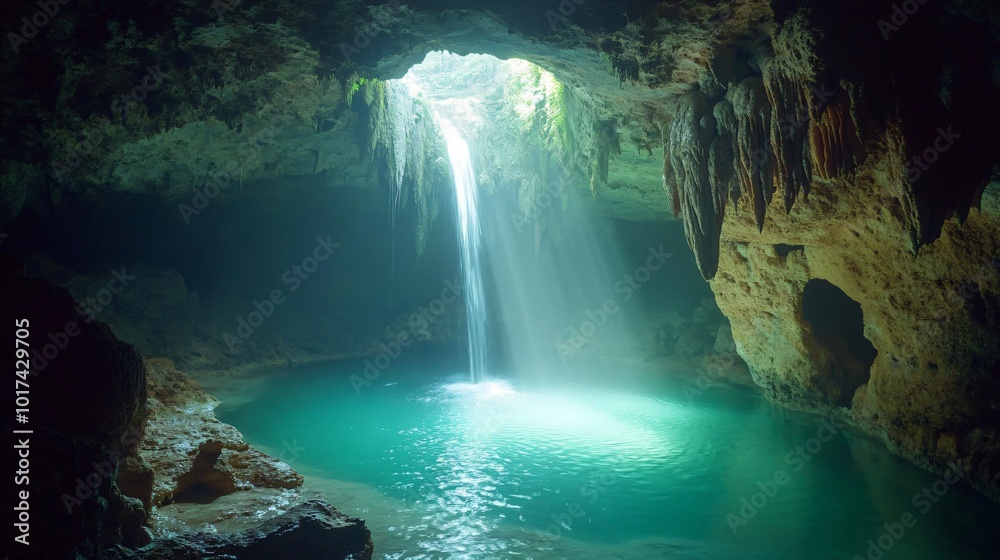 Wall mural sunbeams illuminate a hidden waterfall flowing into a turquoise pool within a dark cave.