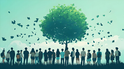 Naklejka premium A group of people stand in a field and look up at a large tree, symbolizing growth