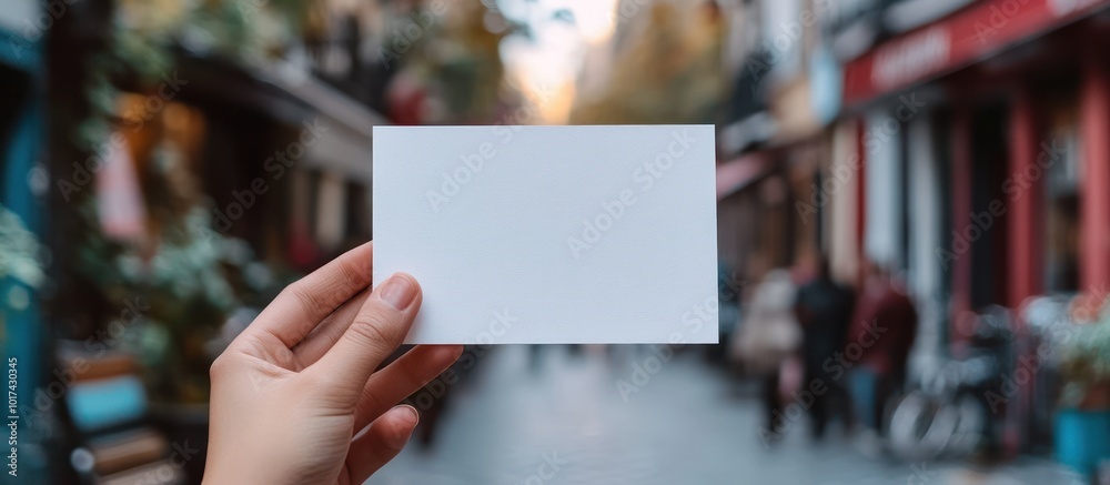 Wall mural a hand holding a blank white card in front of a blurred city street background.