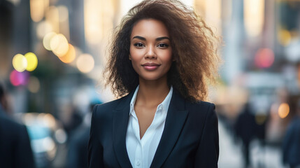 Obraz premium A woman standing tall in a business suit, walking through a busy city street, exuding confidence and ambition