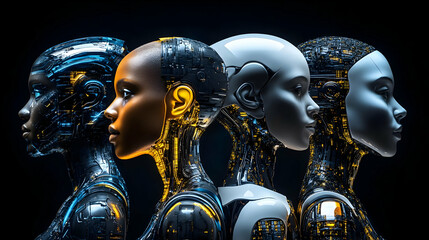 Fototapeta premium Four Advanced Cyborg Heads with Intricate Exposed Circuitry on Dark Background