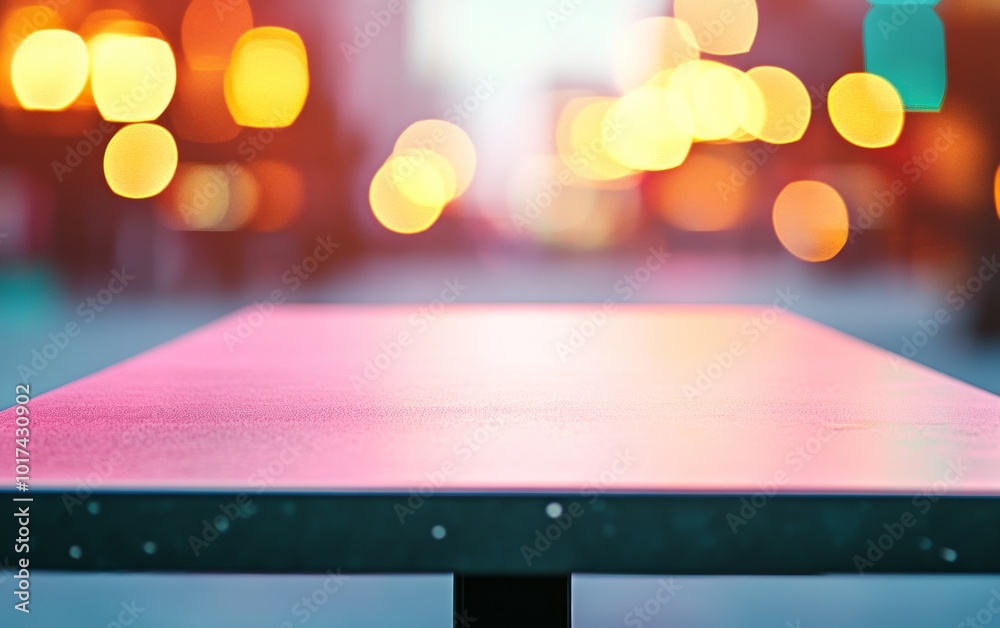 Poster minimalistic neon pastel pink table against urban bokeh background for product display