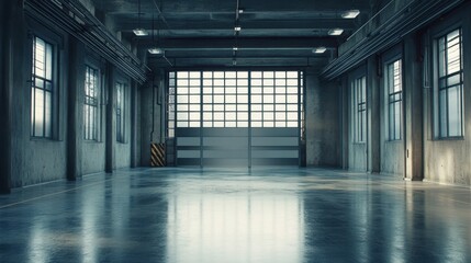 Naklejka premium Factory interior with a clean polished concrete floor and a roller door, showcasing the industrial architecture and spacious design