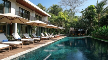 Obraz premium Elegant poolside with loungers and modern clear-window apartments in a clean, relaxing setting.