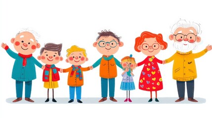 Fototapeta premium Cheerful family portrait with three generations standing together, smiling happily