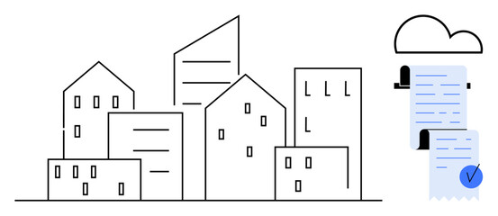 Abstract cityscape with modern buildings on the left and cloud storage with digital documents on the right. Ideal for smart cities, digital technology, cloud computing, urban planning, and future
