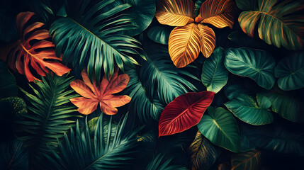 Naklejka premium Exotic Tropical Leaves Are Arranged On A Dark Background For Design