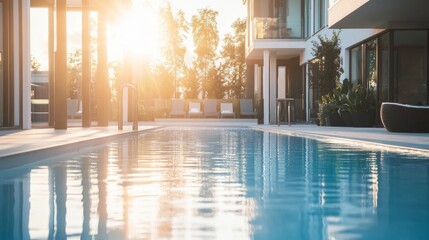 Fototapeta premium Sunlit pool area at a modern apartment complex with large clear windows, providing a relaxed vibe.