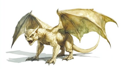 Fototapeta premium Mythical dragon standing with large wings and fierce expression