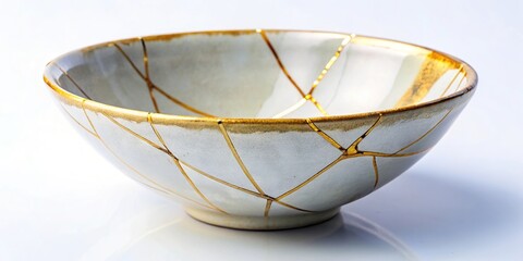 Asymmetrical kintsugi ceramic bowl repair with gold seams