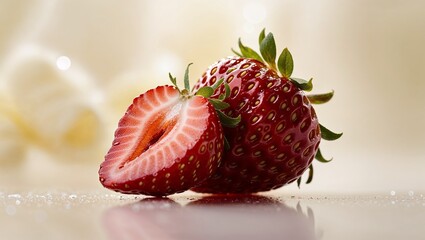 A macro shot of a single strawberry cut in half.