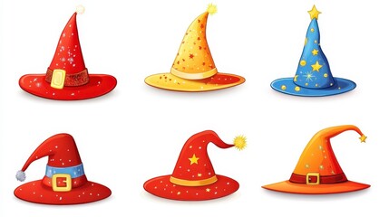 Six colorful wizard hats with stars and moons on white background
