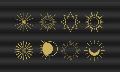 Celestial sun and moon line art set for mystical and decorative designs


