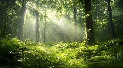 forest with tall trees and sunlight filtering through the leaves, creating a serene and peaceful atmosphere, with ferns and wildflowers scattered across the forest floor  © Waewsiri