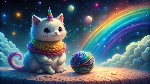 Asymmetrical adorable caticorn knitting with rainbow yarn under night sky