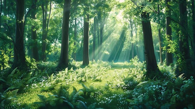 forest with tall trees and sunlight filtering through the leaves, creating a serene and peaceful atmosphere, with ferns and wildflowers scattered across the forest floor 