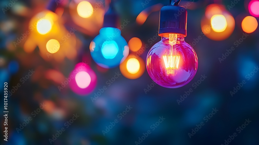 Poster colorful string lights glow softly, creating a warm and inviting ambiance for evening gatherings or 